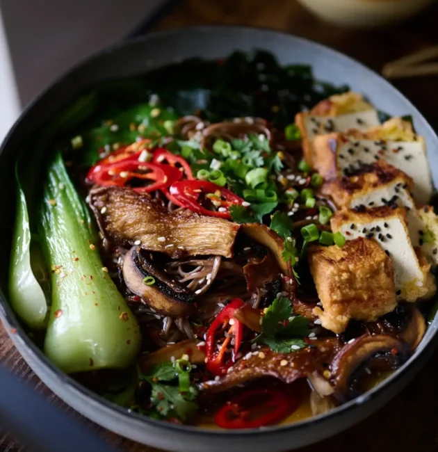 A savory bowl of ramen noodles with bok choy, mushrooms, crispy tofu, and red chili peppers, ideal for the dinner category