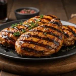 Perfectly grilled chicken breasts with rich balsamic glaze and grill marks, garnished with fresh thyme sprigs and served on a black plate with a rustic wooden background.