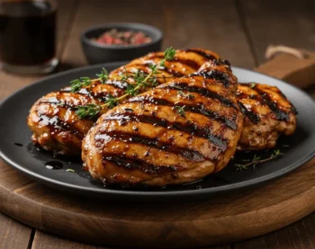 Perfectly grilled chicken breasts with rich balsamic glaze and grill marks, garnished with fresh thyme sprigs and served on a black plate with a rustic wooden background.