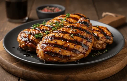 Perfectly grilled chicken breasts with rich balsamic glaze and grill marks, garnished with fresh thyme sprigs and served on a black plate with a rustic wooden background.