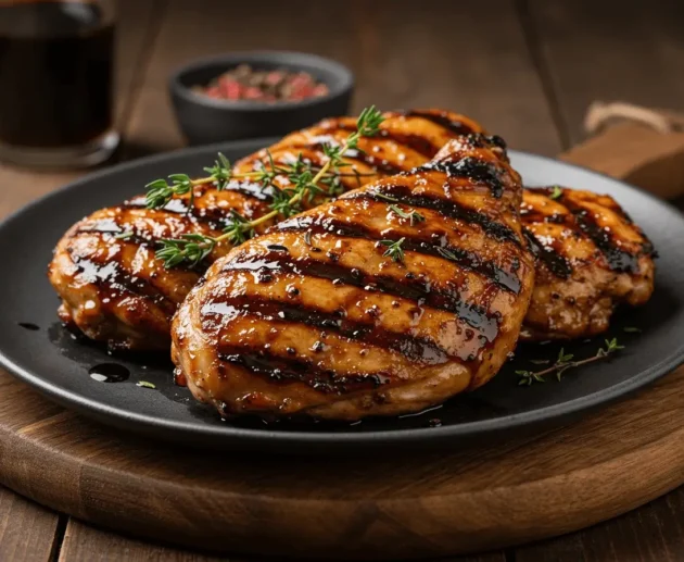 Perfectly grilled chicken breasts with rich balsamic glaze and grill marks, garnished with fresh thyme sprigs and served on a black plate with a rustic wooden background.