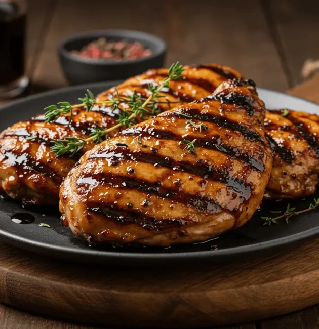 Perfectly grilled chicken breasts with rich balsamic glaze and grill marks, garnished with fresh thyme sprigs and served on a black plate with a rustic wooden background.