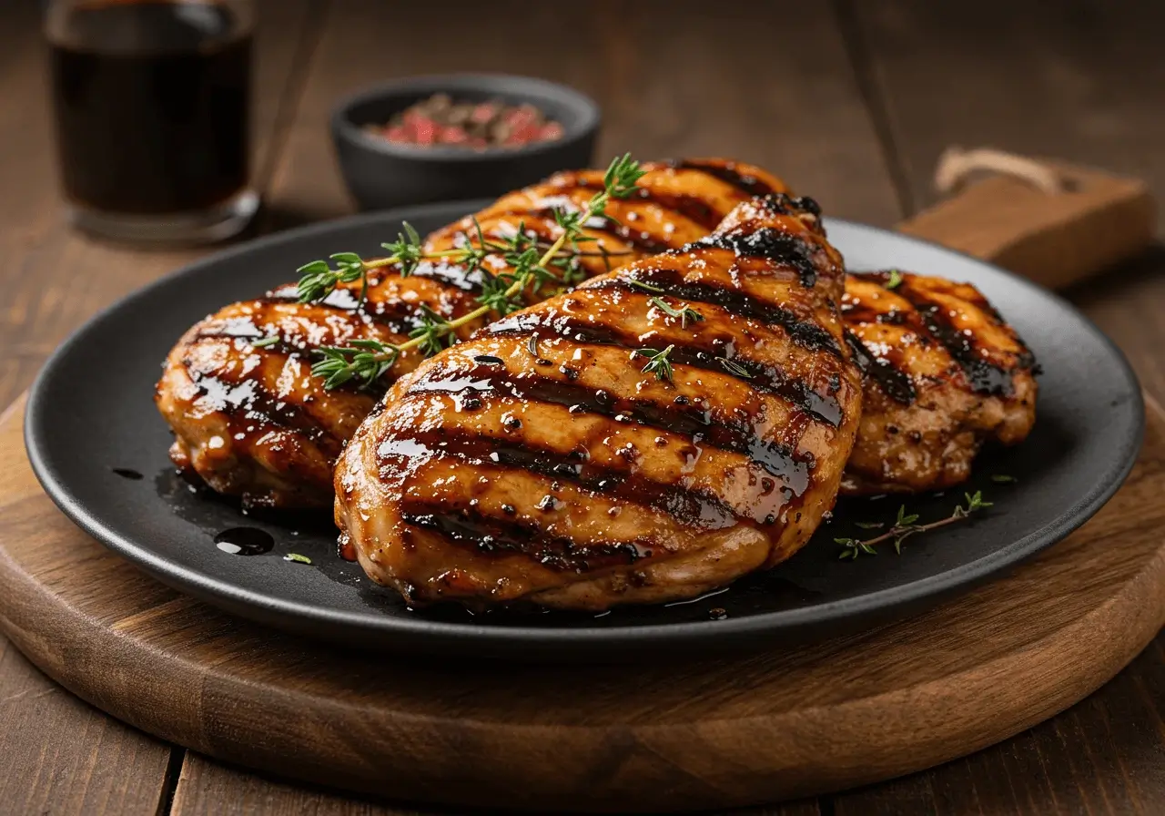 Perfectly grilled chicken breasts with rich balsamic glaze and grill marks, garnished with fresh thyme sprigs and served on a black plate with a rustic wooden background.