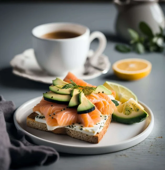 A gourmet breakfast featuring smoked salmon, avocado toast, and coffee, ideal for the breakfast category."