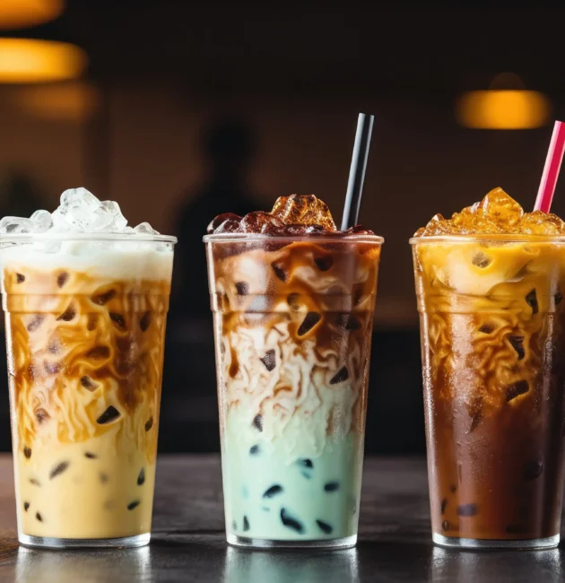 A variety of iced coffee drinks in tall glasses, featuring different flavors and colors, served with ice and colorful straws, displayed on a dark background.