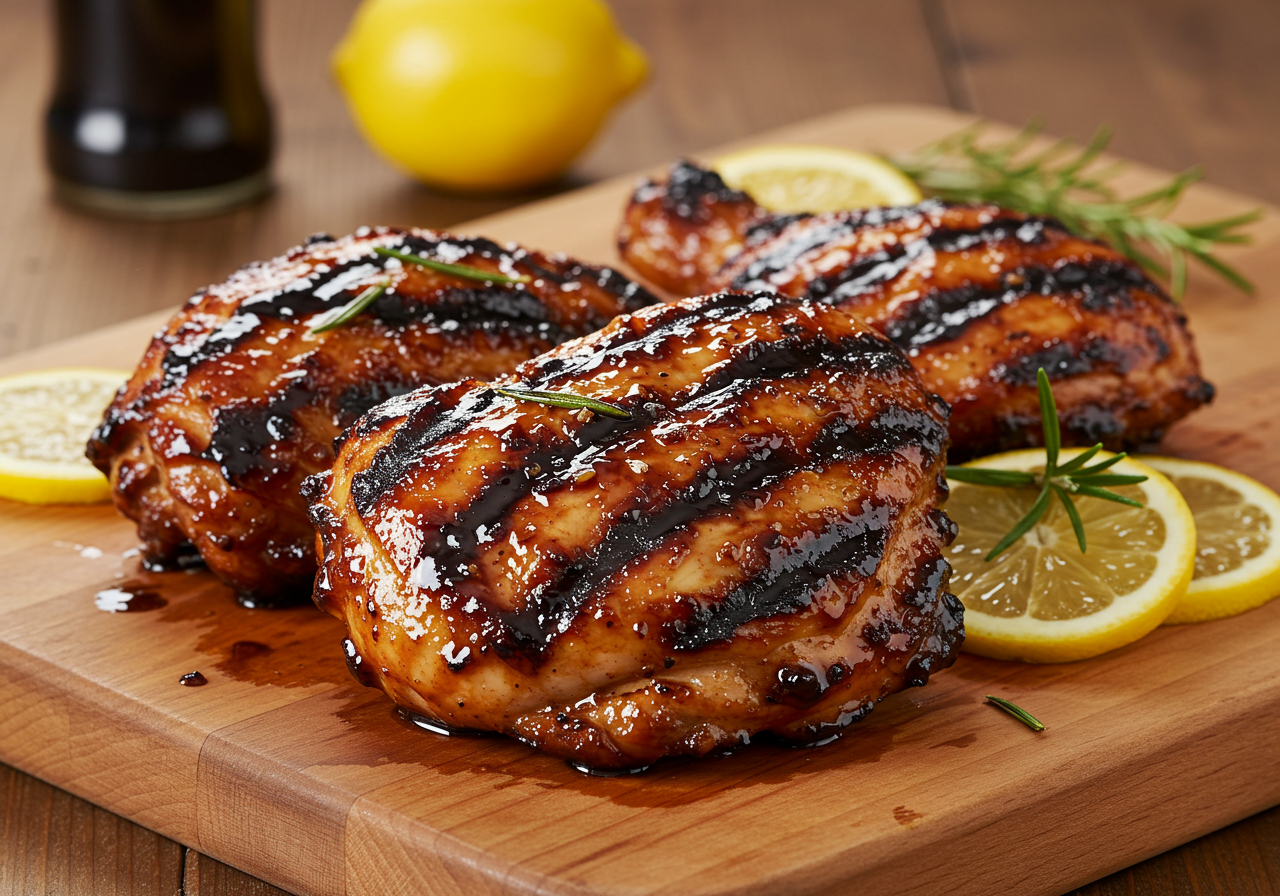 Perfectly grilled chicken breasts with rich balsamic glaze and grill marks, garnished with fresh thyme sprigs and served on a black plate with a rustic wooden background.